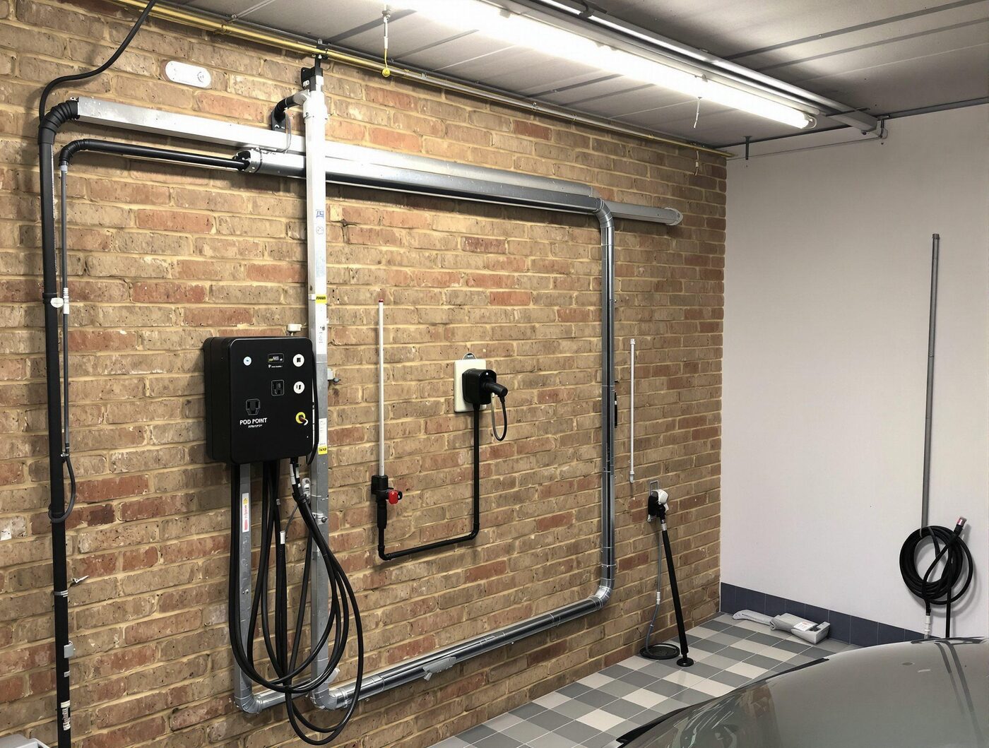 Tidy garage with containment, labelled sockets, EV charger